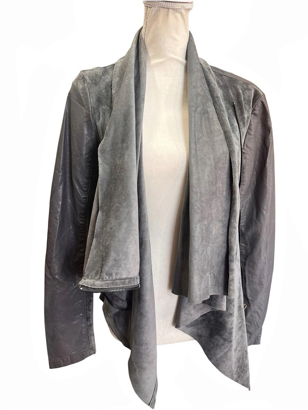 BLANKNYC Gray Faux Suede Leather Drape Front Moto Jacket Medium Asymmetrical - Picture 4 of 14